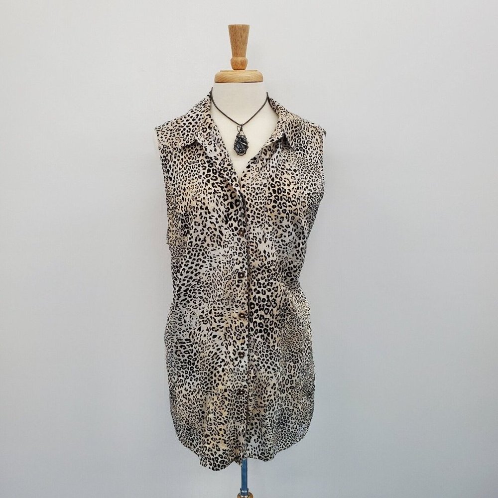 Chico's 100% Linen Sleeveless‎ Button Up Leopard Print Blouse Top Size 4 (XXL)